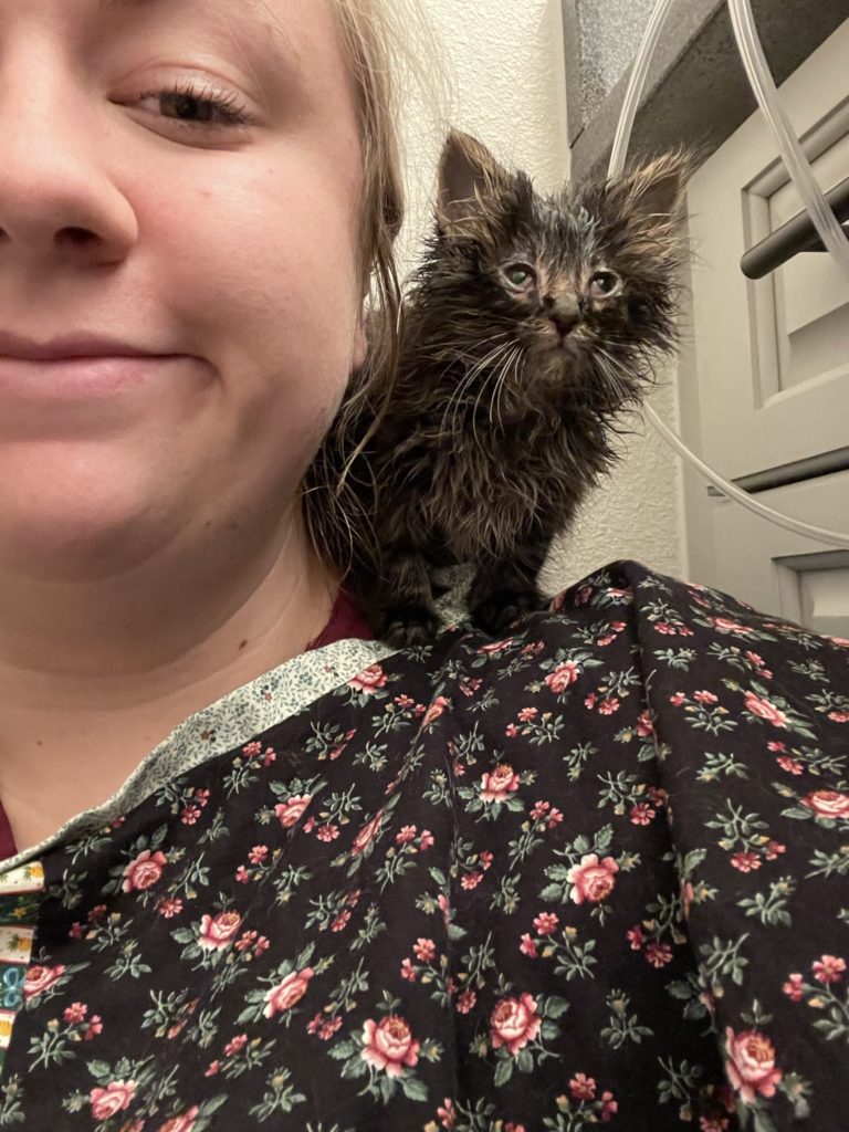 Woman in scrubs takes a selfie with her sick kitten on her shoulder